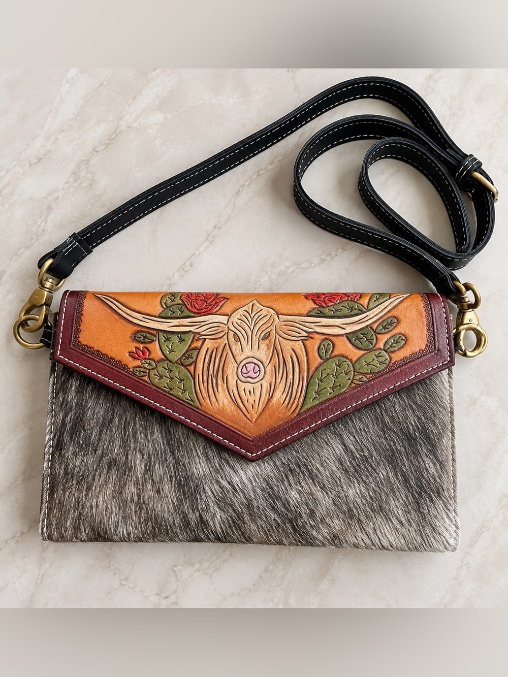 Western Cowhide Tooled Leather Longhorn Crossbody Bag NWOT